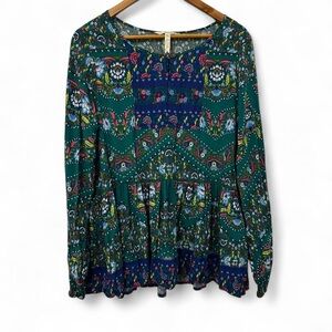 Matilda Jane Floral Blouse Womens XL Green Blue Long Sleeve Boho Floral Flowy